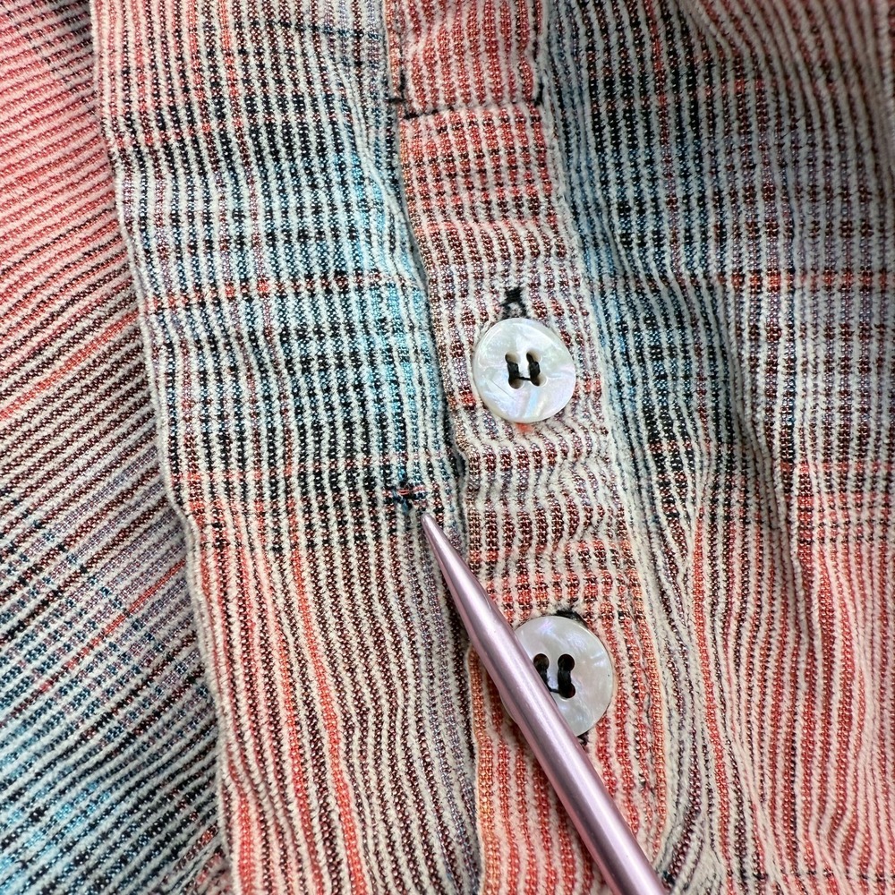 We the Free Plaid Ribbed Button Up Shirt Womens M Pink Blue Raw Hem Ruffle Back - Picture 8 of 10